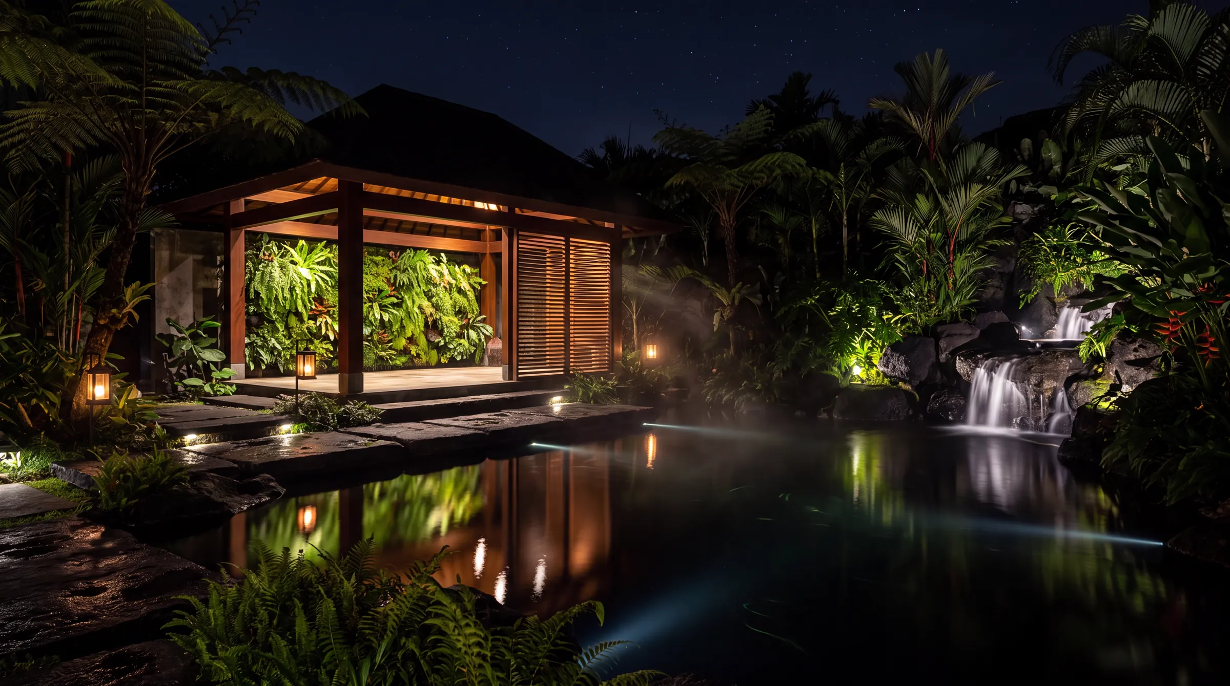 Canopy — water garden at night